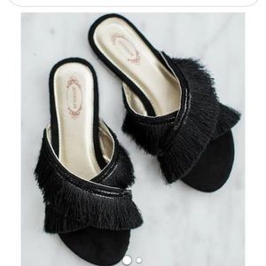 Boho style black fringe slides